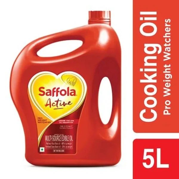 Saffola Active Refined Cooking oil | Blended Rice Bran & SoyaBean oil | Pro Weight Watchers, 5 L Jar - 5 L
