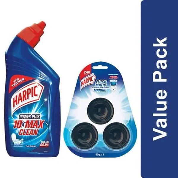 Harpic Disinfectant Toilet Cleaner, Original 1 L + Flushmatic Block, Marine,3 x 50 g, Combo 2 Items - 30 g