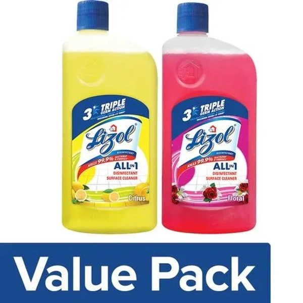 Lizol Disinfectant Surface & Floor Cleaner Liquid Citrus + Floral, each 1L, Combo 2 Items - 1 L
