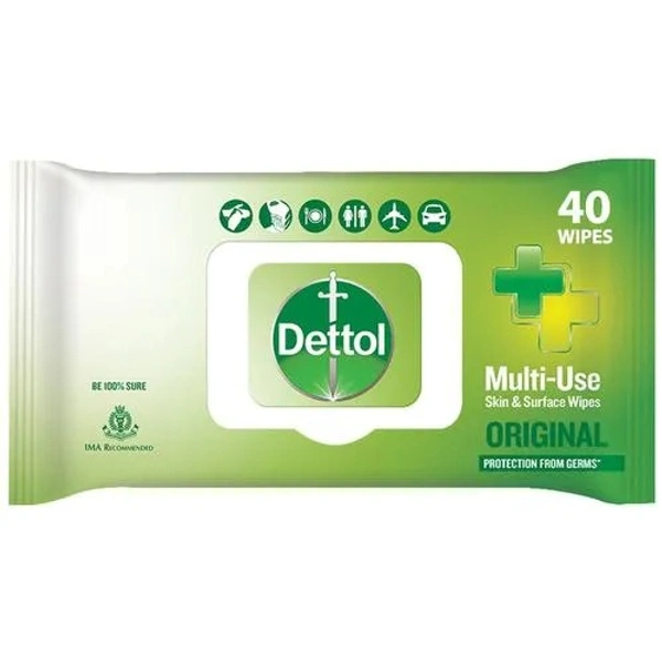 Dettol Disinfectant Sanitizer Wet Wipes - For Skin & Surfaces, Moisture Lock, Original, 40 pcs - 40 pcs