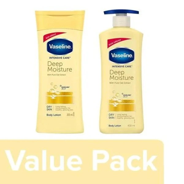 Vaseline Intensive Care Deep Moisture Body Lotion - With Pure Oat Extract 200 ml + 400 ml, Combo 2 Items - 200 ml