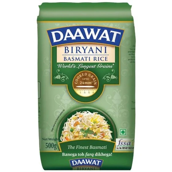 Daawat Biryani Basmati Rice - Extra Long Grain, Rich In Aroma & Flavour, 500 g - 500 g