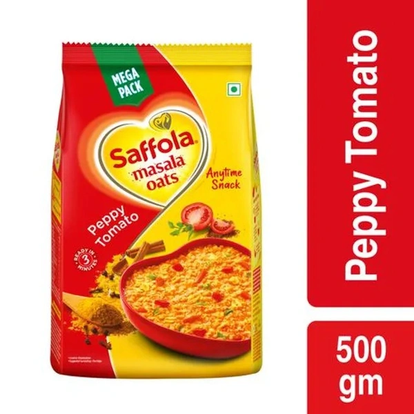 Saffola Masala Oats - Tasty Evening Snack, Fibre Rich, Peppy Tomato, 500 g - 500 g
