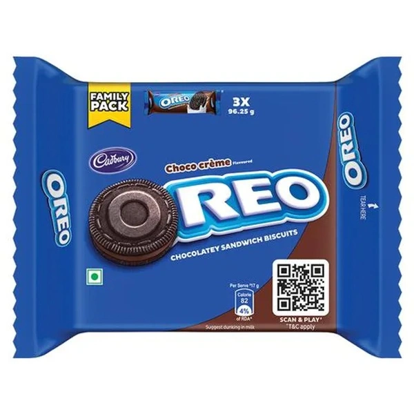 Cadbury Oreo Chocolate Flavour Creme Sandwich Biscuit, 288.75 g (3 Packs x 96.25 g Each) x 2 - 75 g