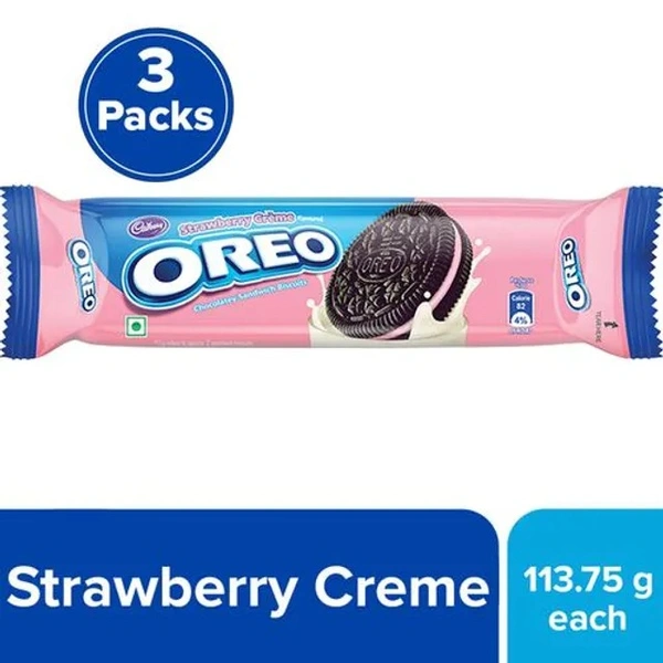 Cadbury Oreo Strawberry Flavour Creme Sandwich Biscuit, 3 x 113.75 g Multipack - 75 g