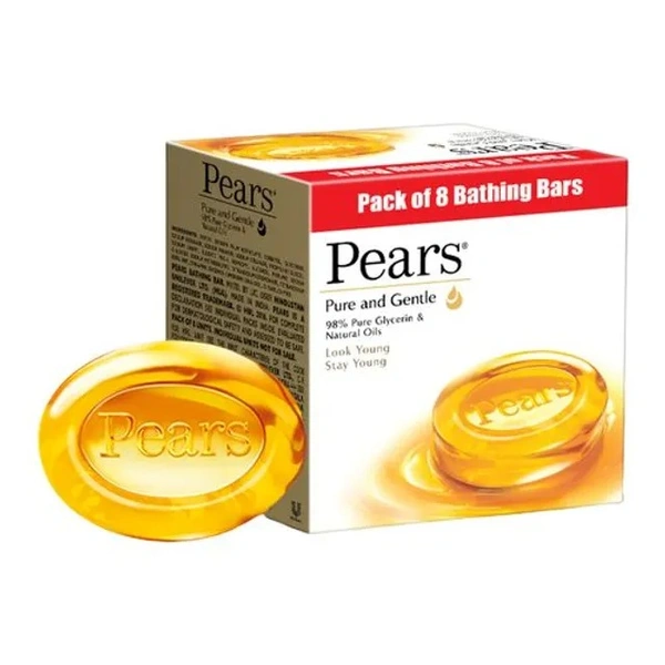 Pears Pure & Gentle Glycerin & Natural Oils Soap Bar, 98% Pure Glycerine & Natural Oils, 125 g (Pack of 8)