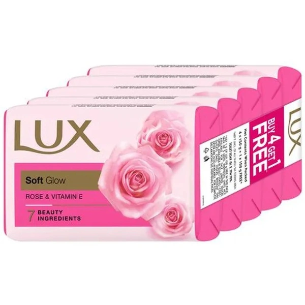 Lux Soft Glow Soap - Rose & Vitamin E, 7 Beauty Ingredients, For Soft & Smooth Skin, 150 g (Buy 4 Get 1 Free) - 150 g (Buy 4 Get 1 Free)