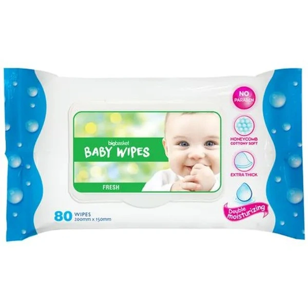 Bigbasket Baby Wipes - Fresh, No Paraben, Double Moisturising, 80 pcs - 80 pcs