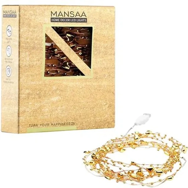 MANSAA USB Copper String Fairy Lights For Home Décor - 3 M, 30 LED, Heart Beads, Gold Chain, Festive, Diwali, Party, Patio Lawn, 1 pc