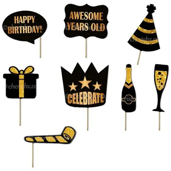 CherishX Happy Birthday Photo Booth Party Props - For Events, Decorations, Black & Golden, 10 pcs