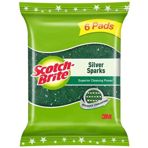 Scotch brite Silver Sparks Scrub Pad- Scrubber for Utensil cleaning, 6 pcs