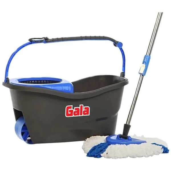 Gala Turbo Spin Mop Stick With Bucket, Triangular Head & Easy Big Wheel With 2 Refills - Floor Cleaning, Mopping Set, Grey & Blue, 1 pc