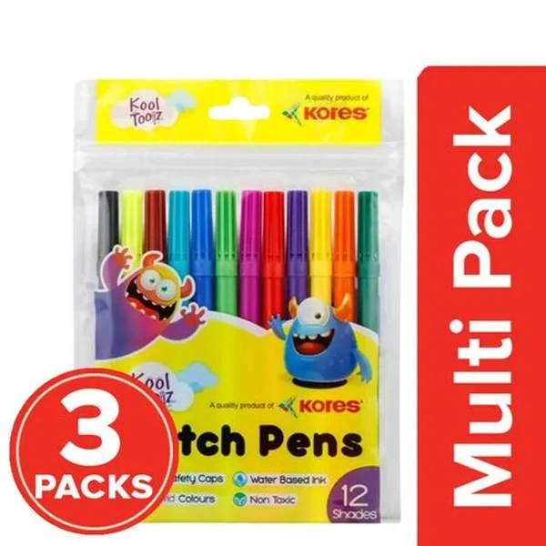 Kores Sketch Pens Regular - 12 Shades, Non-Toxic, Assorted Colours, 3 x 1 pc Multipack