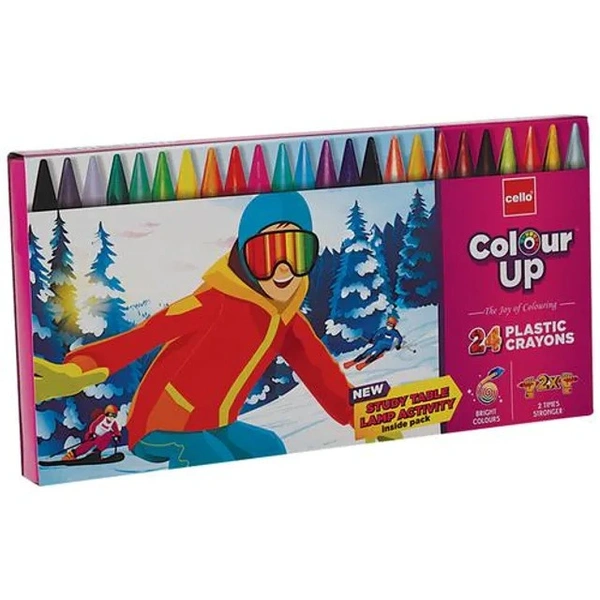 Cello Colour Up Plastic Crayons - Bright Colours, Assorted Shades, 24 pcs (Get Study Table Lamp Activity Inside)