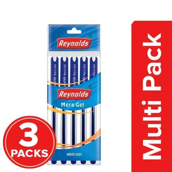 Reynolds Mera Gel Pen - With Comfortable Grip, Smudge Proof, For Smooth Writing, Blue, 3 x 5 pcs Multipack