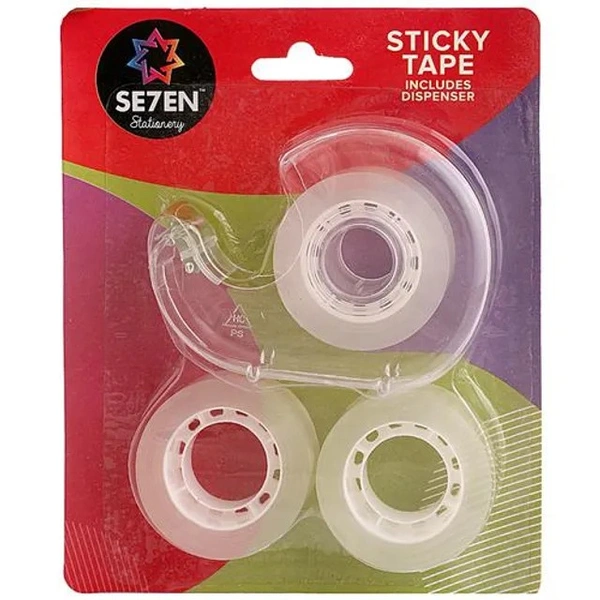 SE7EN Sticky Tape With Dispenser - Easy Application, Transparent, 3 pcs