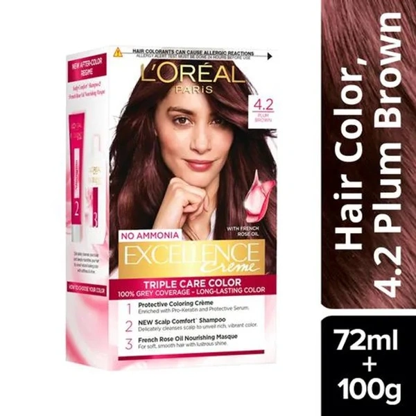 Loreal Paris Excellence Creme Hair Colour, 72ml + 100g 4.2 Plum Brown