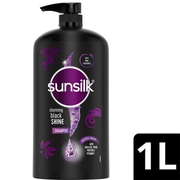 Sunsilk Stunning Black Shine Shampoo - With Amla + Oil, Pearl Protein & Vitamin E, For Long Lasting Shine, 1 L