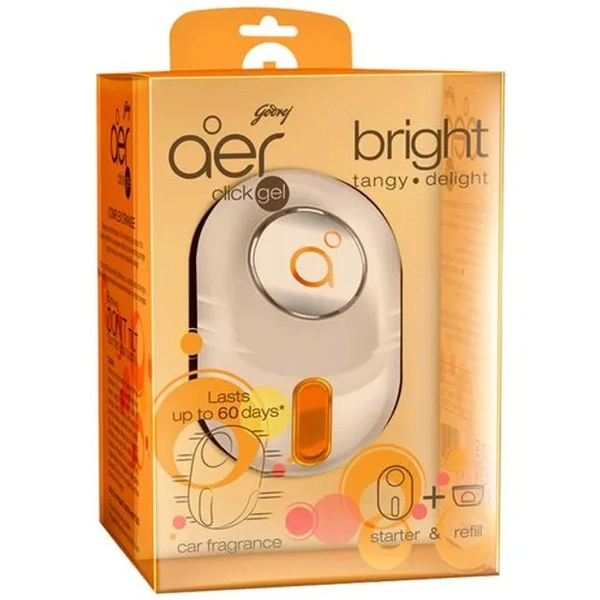 Godrej Aer Car Vent Air Freshener Kit - Click Gel, Bright Tangy Delight, Spill Proof, Lasts 60 Days, 10 g (Starter + Refill)