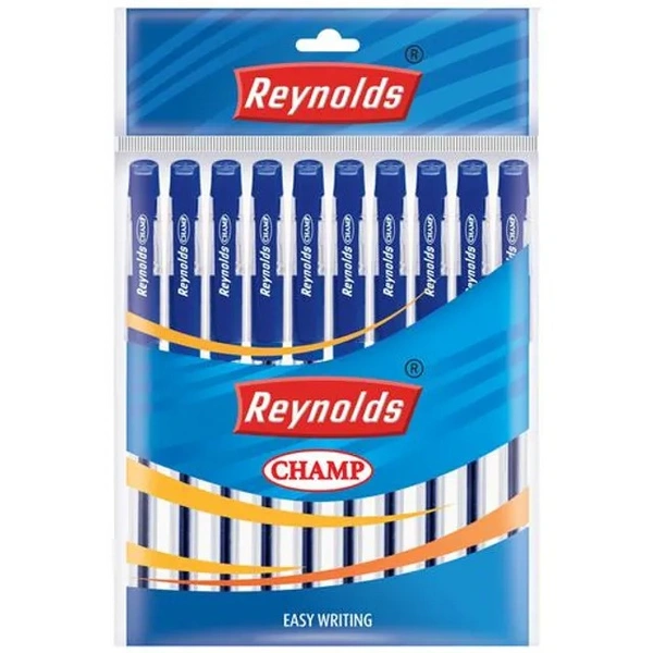Reynolds Champ Ball Pen - With Soft Grip, Easy To Hold, Smooth To Write, Blue, 10 pcs