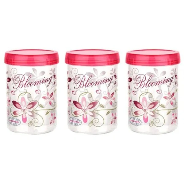 Asian Airtight Turn & Lock Jar with Spoon - Assorted Colour, Plastic, Printed, Cylindrical, 1.2 L (Set of 3)