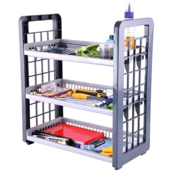 Saura Multipurpose 3 Tier Rack - Plastic, Easy To Assemble, Grey, 1 pc