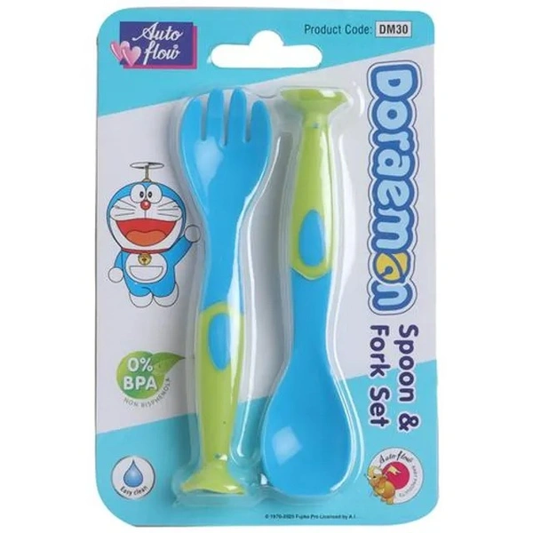 Auto flow Doraemon Spoon & Fork Set With Sucker On Tip - BPA Free, Safe For Kids, 2 pcs