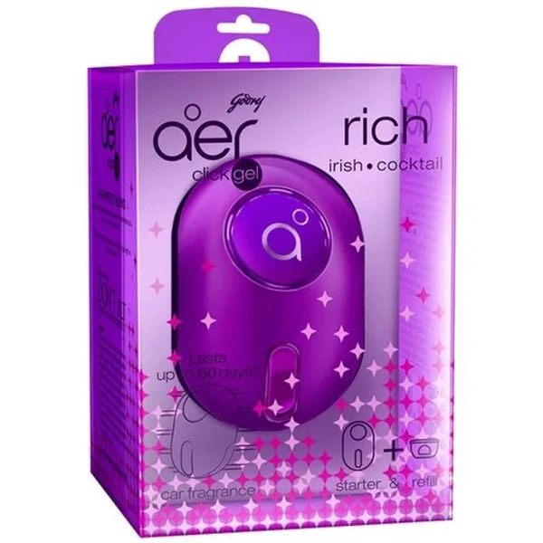 Godrej Aer Car Vent Air Freshener Kit - Click Gel, Rich Irish Cocktail, Spill Proof, Lasts 60 Days, 10 g (Starter + Refill)