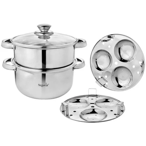 Segovia Stainless Steel 2 Tier Multi Cooking Steamer Set - Idli Cooker, Momo & Modak Maker, Casserole, 18 cm, 5 p