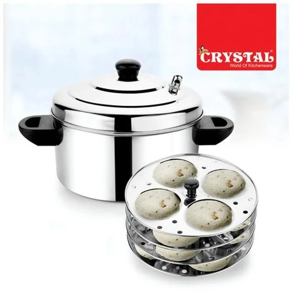 Crystal Idli Cooker - Deluxe, Stainless Steel, Silver, 4 Plates, 4 Idlis, Sturdy, Durable, 1 pc