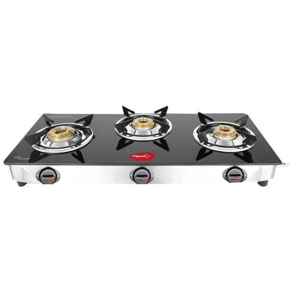 Pigeon by Stovekraft Favourite - 3 Burner Gas Stove, High Powered Brass, Cooktop With Glass Top & Stainless Steel Body, Black, 1 pc
