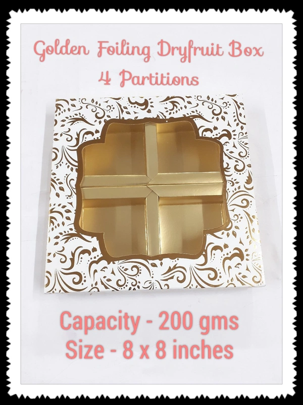 4 Partitions - GOLDEN FOILING DRYFRUIT BOX  - White, 8×8 Inches