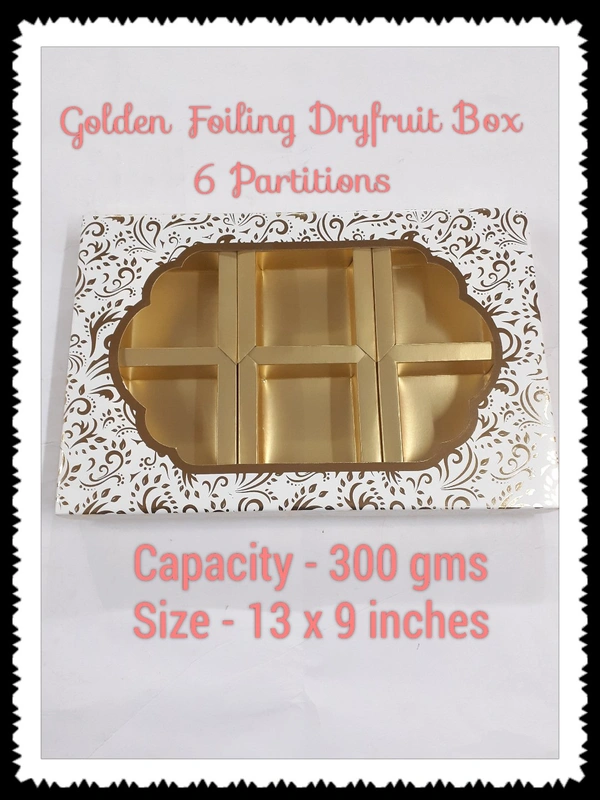 6 Partitions - GOLDEN FOILING DRYFRUIT BOX  - White, 13×9 Inches