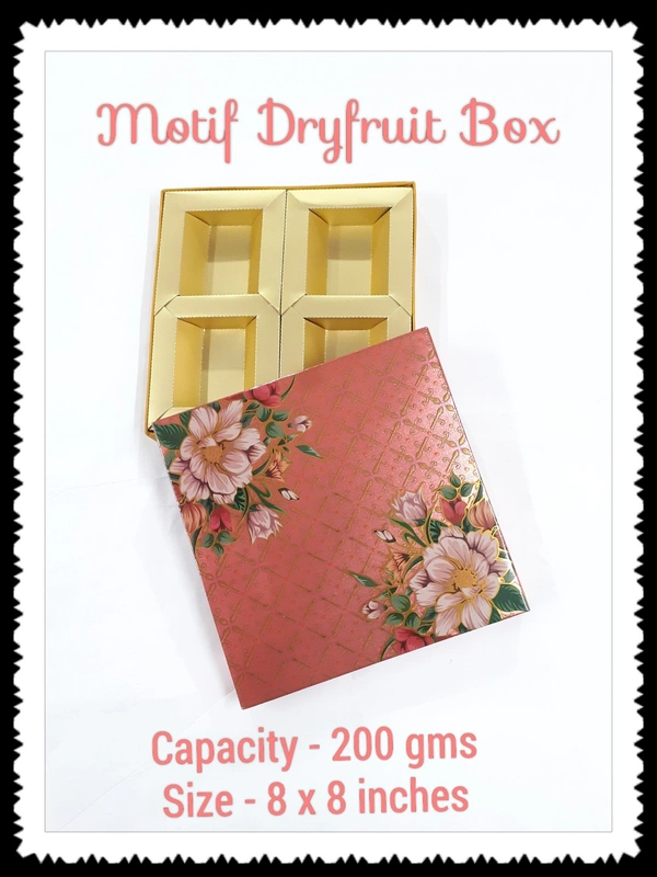 4 Small Partitions - MOTIF DRYFRUIT BOX - Red, 8×8 Inches