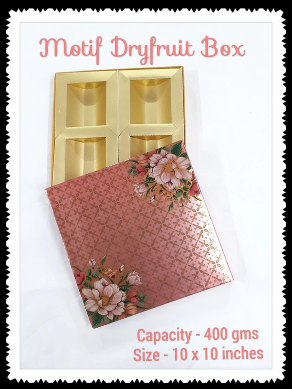 4 Medium Partitions - MOTIF DRYFRUIT BOX  - Red, 10×10 Inches