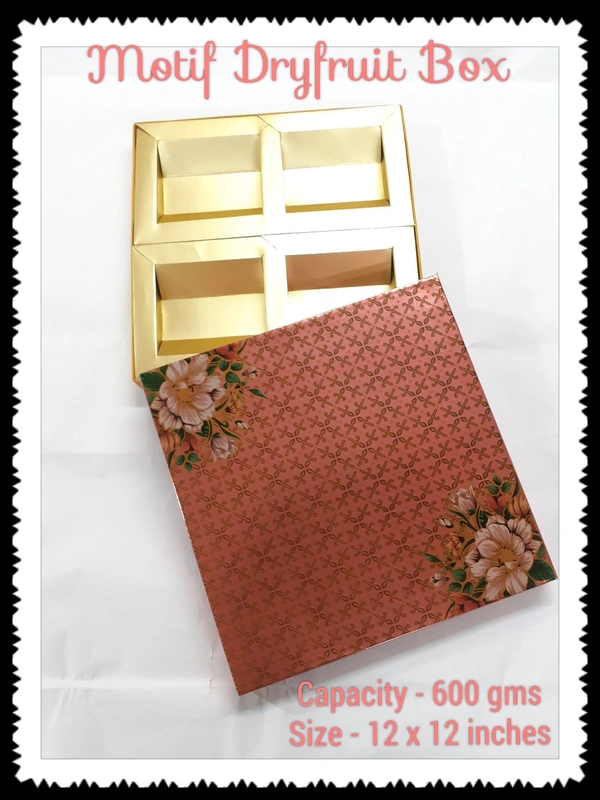 4 Big Partitions - MOTIF DRYFRUIT BOX - Red, 12×12 Inches