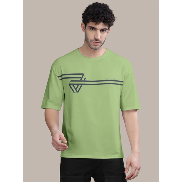 BULLMER Cotton Blend Trendy Front and Back Printed Oversized Round Neck Green Colour T-Shirt for Men