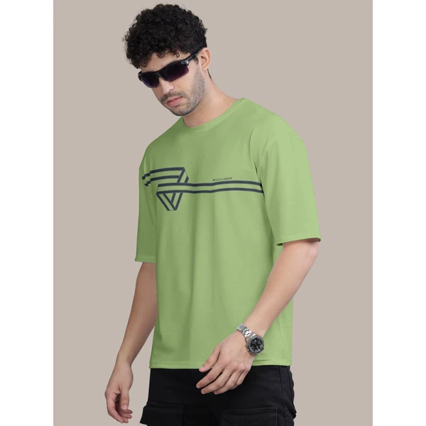 BULLMER Cotton Blend Trendy Front and Back Printed Oversized Round Neck Green Colour T-Shirt for Men - S