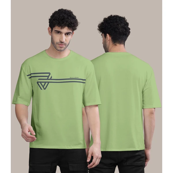 BULLMER Cotton Blend Trendy Front and Back Printed Oversized Round Neck Green Colour T-Shirt for Men - S