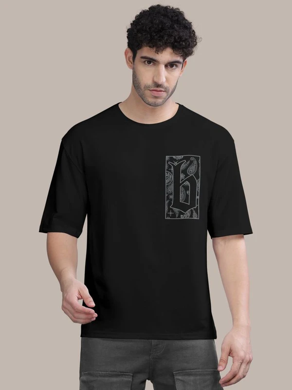 BULLMER Cotton Blend Trendy Front and Back Printed Oversized Round Neck Black Colour T-Shirt for Men