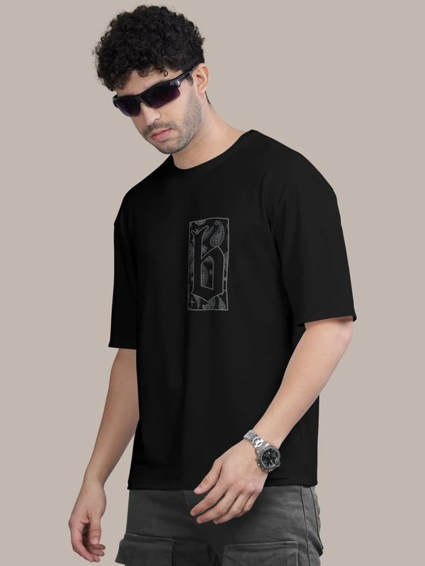 BULLMER Cotton Blend Trendy Front and Back Printed Oversized Round Neck Black Colour T-Shirt for Men - S