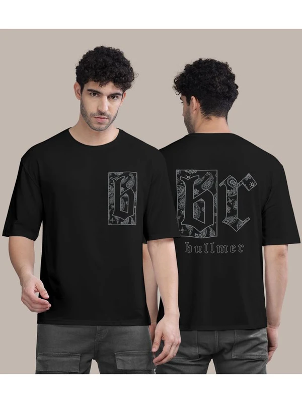 BULLMER Cotton Blend Trendy Front and Back Printed Oversized Round Neck Black Colour T-Shirt for Men - S