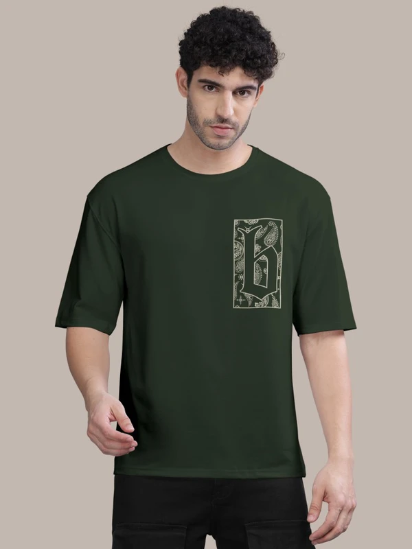 BULLMER Cotton Blend Trendy Front and Back Printed Oversized Round Neck Green Colour T-Shirt for Men