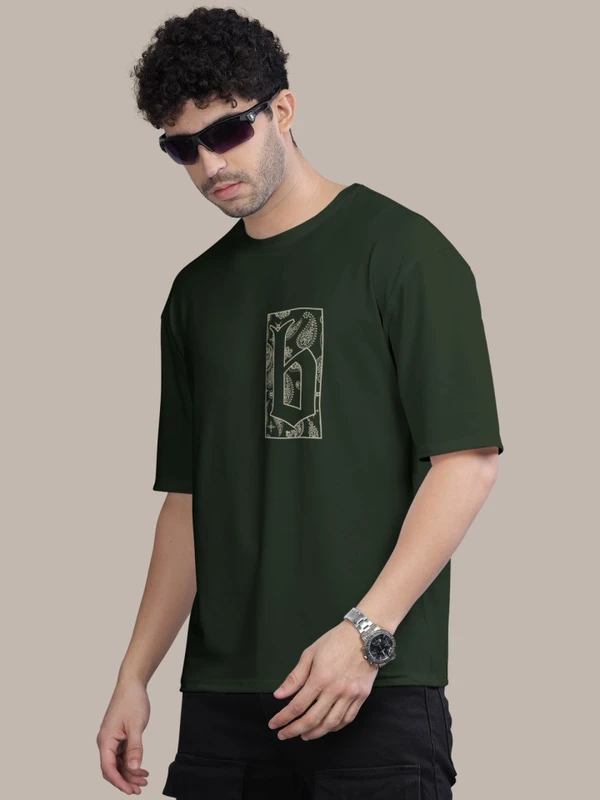 BULLMER Cotton Blend Trendy Front and Back Printed Oversized Round Neck Green Colour T-Shirt for Men - S