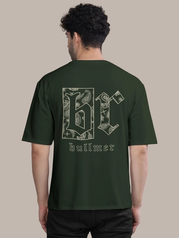 BULLMER Cotton Blend Trendy Front and Back Printed Oversized Round Neck Green Colour T-Shirt for Men - S