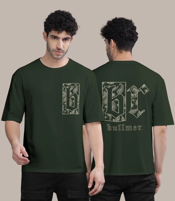 BULLMER Cotton Blend Trendy Front and Back Printed Oversized Round Neck Green Colour T-Shirt for Men - S