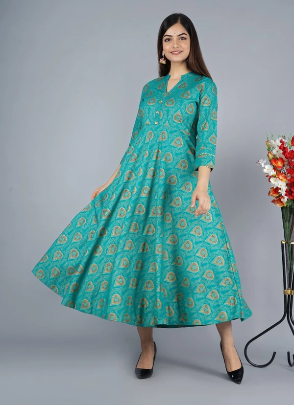 Women Printed Viscose Rayon Anarkali Kurta Green Colour