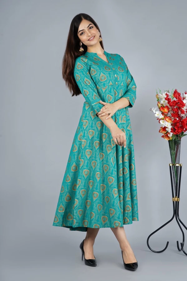 Women Printed Viscose Rayon Anarkali Kurta Green Colour - M