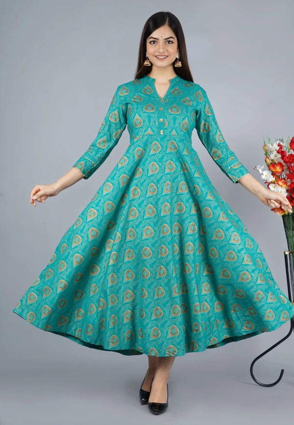 Women Printed Viscose Rayon Anarkali Kurta Green Colour - M