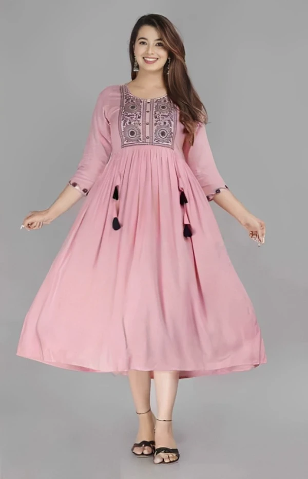 Attractive Pink Colour Rayon Printed Anarkali Kurti For Women